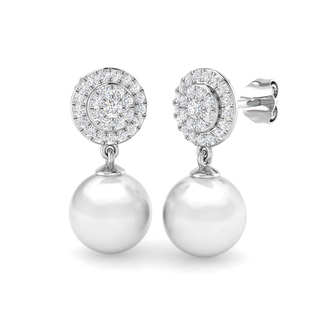 Pearl Halo Diamond Drop Earrings - Cluster Pave Diamonds - UK Made in 10K/14K gold and platinum with certified lab-grown or natural diamonds