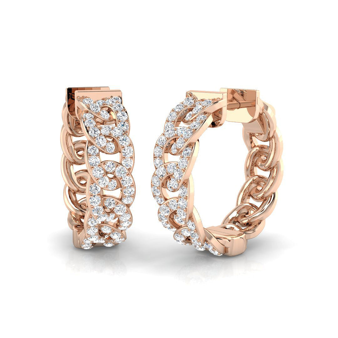 1.00 Ct Round Diamond Cuban Link Hoop Earrings in 10K/14K gold and platinum with certified lab-grown or natural diamonds
