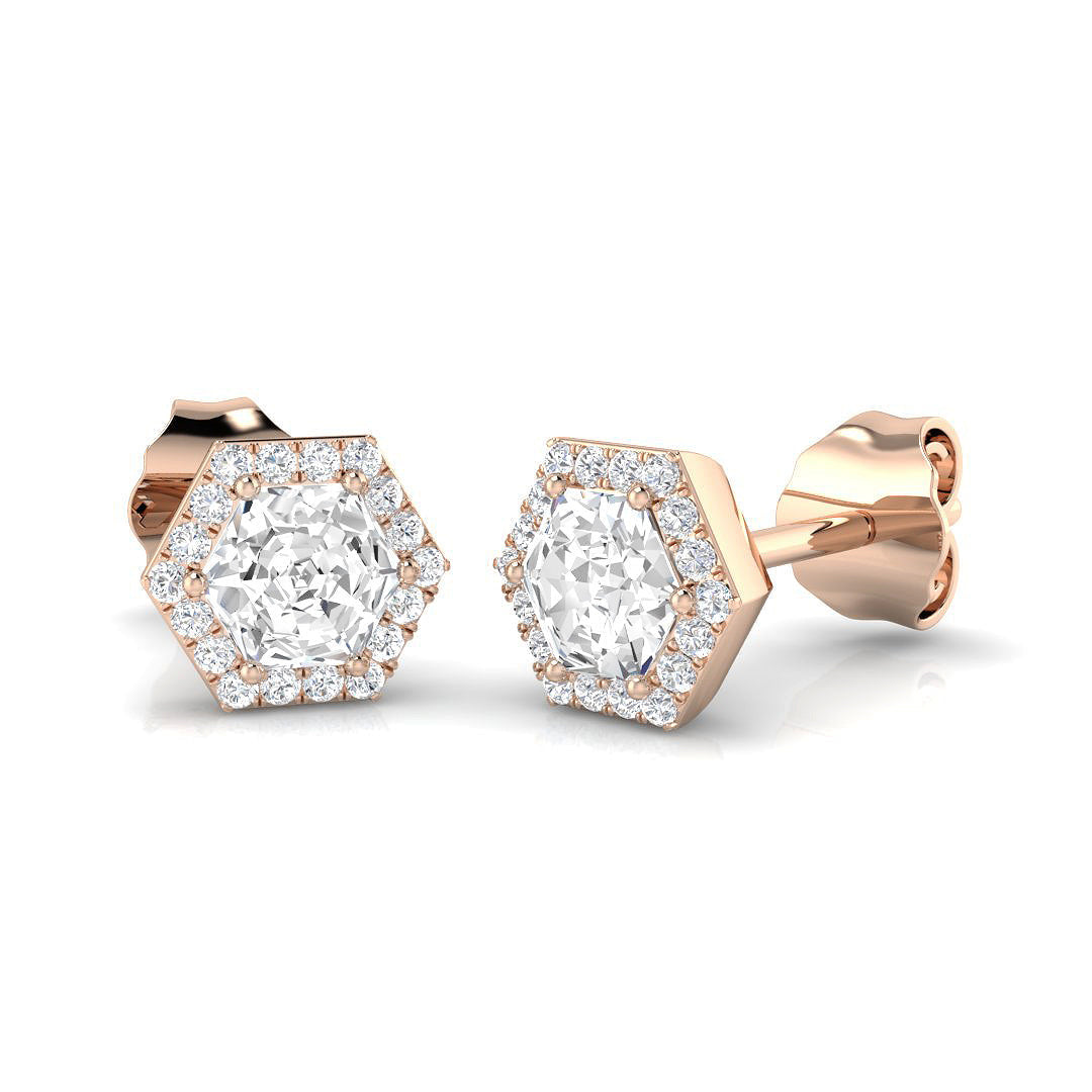 Halo Stud Earrings - 0.50 Carat Epsny Hexagon Geometric Profile in 10K/14K gold and platinum with certified lab-grown or natural diamonds