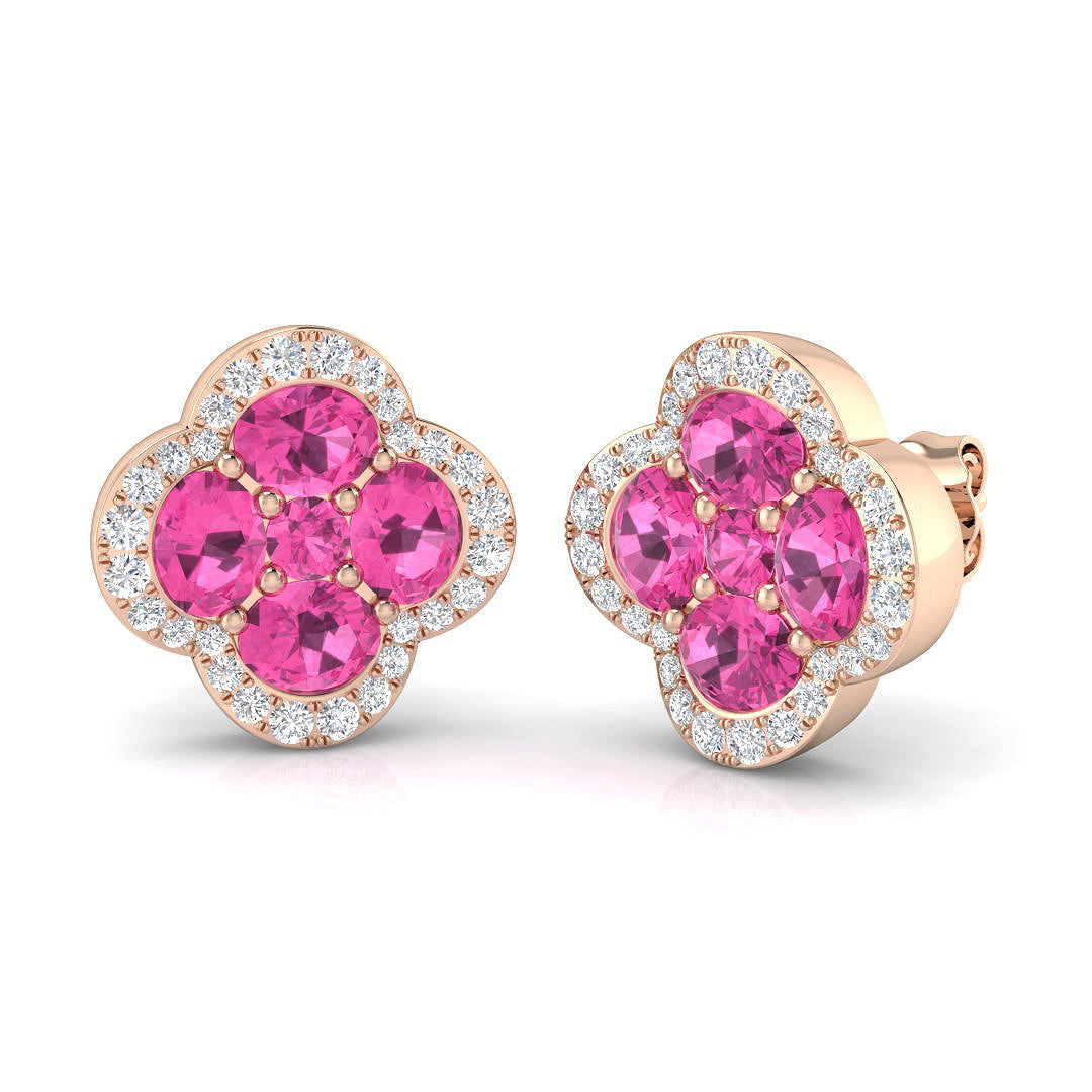Pink Sapphire Clover Stud Earrings with Pave Diamonds in 10K/14K gold and platinum with certified lab-grown or natural diamonds