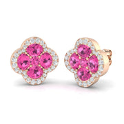 Pink Sapphire Clover Stud Earrings with Pave Diamonds in 10K/14K gold and platinum with certified lab-grown or natural diamonds