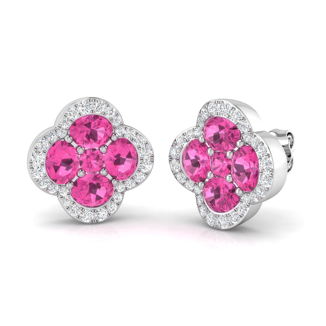 Pink Sapphire Clover Stud Earrings with Pave Diamonds in 10K/14K gold and platinum with certified lab-grown or natural diamonds