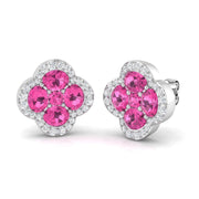 Pink Sapphire Clover Stud Earrings with Pave Diamonds in 10K/14K gold and platinum with certified lab-grown or natural diamonds