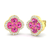 Pink Sapphire Clover Stud Earrings with Pave Diamonds in 10K/14K gold and platinum with certified lab-grown or natural diamonds