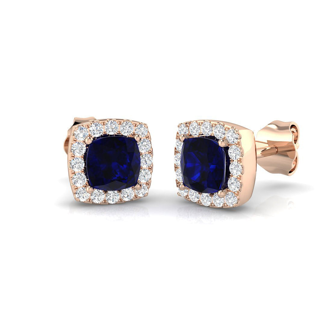 Cushion Cut Blue Sapphire Halo Stud Earrings - Luxury Gemstone Jewelry in 10K/14K gold and platinum with certified lab-grown or natural diamonds