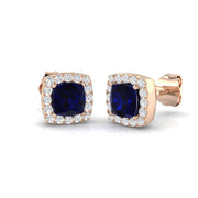 Cushion Cut Blue Sapphire Halo Stud Earrings - Luxury Gemstone Jewelry in 10K/14K gold and platinum with certified lab-grown or natural diamonds