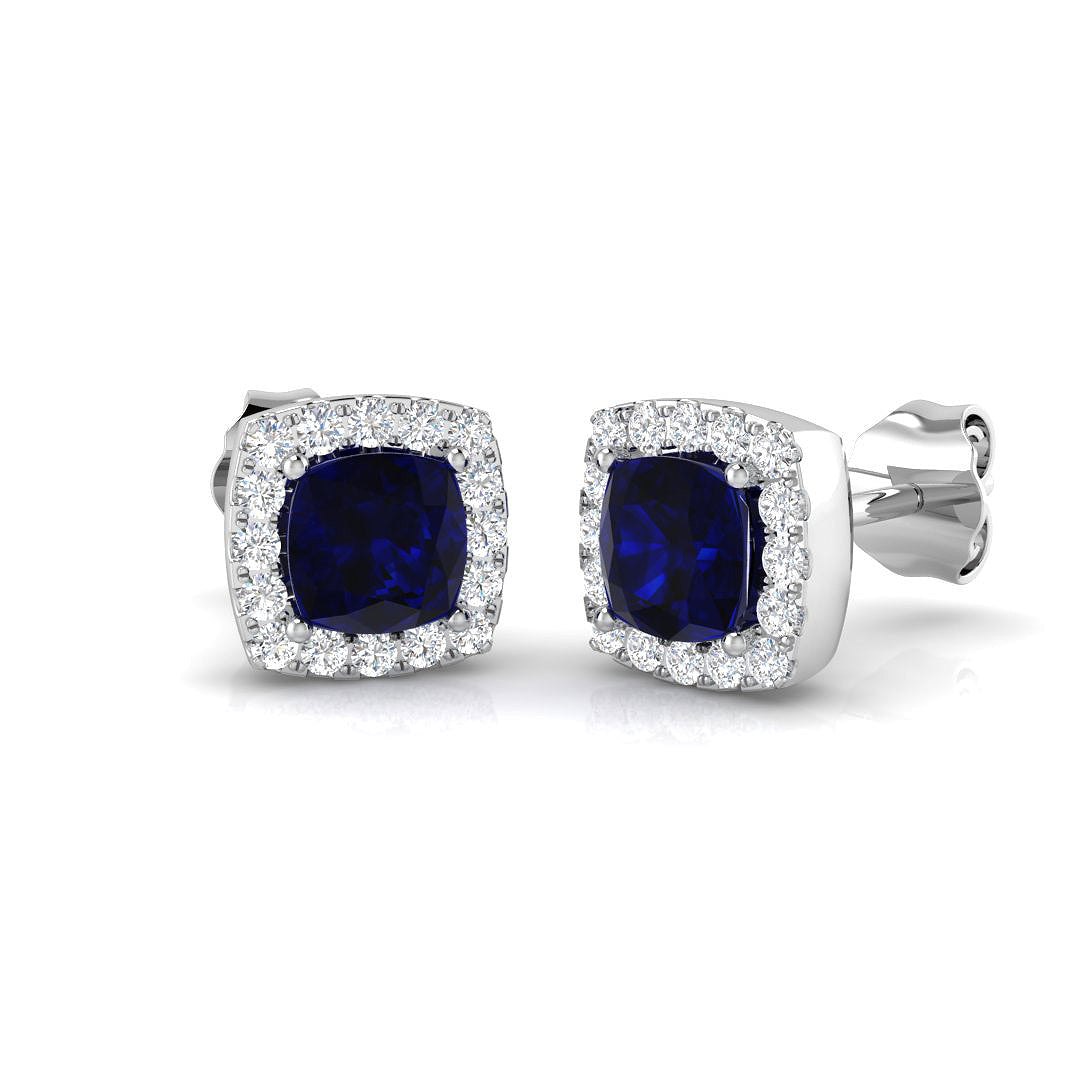 Cushion Cut Blue Sapphire Halo Stud Earrings - Luxury Gemstone Jewelry in 10K/14K gold and platinum with certified lab-grown or natural diamonds