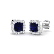 Cushion Cut Blue Sapphire Halo Stud Earrings - Luxury Gemstone Jewelry in 10K/14K gold and platinum with certified lab-grown or natural diamonds