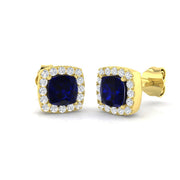 Cushion Cut Blue Sapphire Halo Stud Earrings - Luxury Gemstone Jewelry in 10K/14K gold and platinum with certified lab-grown or natural diamonds