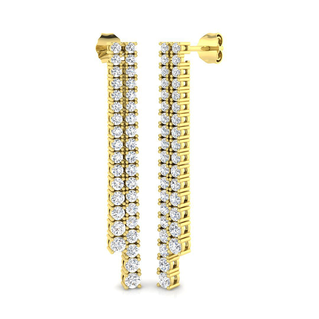 Erjwy Elegant Gold Drop & Trilogy Diamond Earrings in 10K/14K gold and platinum with certified lab-grown or natural diamonds