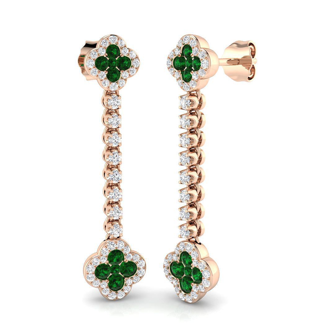 Dangling Emerald and Diamond Chain Earring - Push Back in 10K/14K gold and platinum with certified lab-grown or natural diamonds