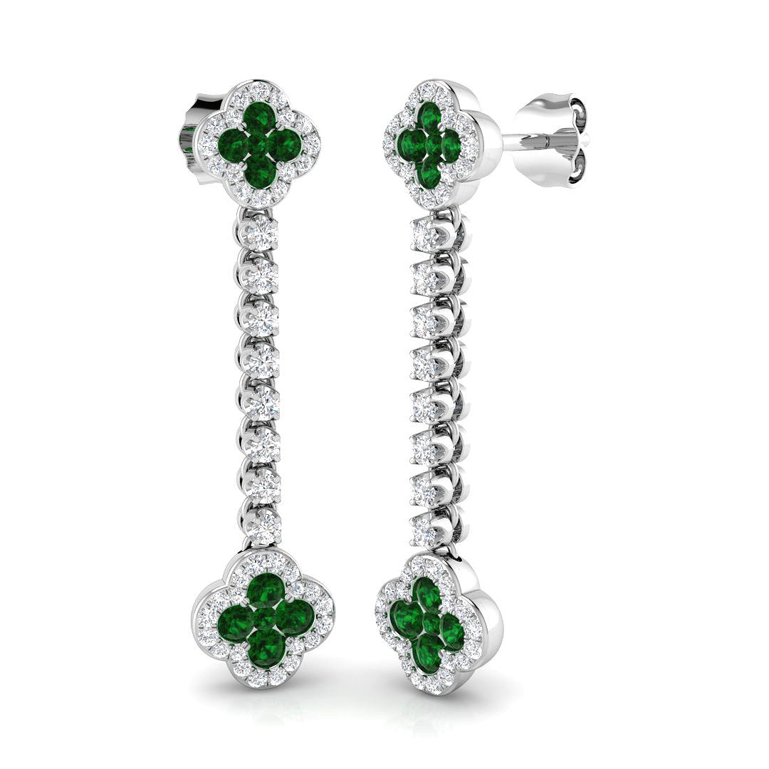 Dangling Emerald and Diamond Chain Earring - Push Back in 10K/14K gold and platinum with certified lab-grown or natural diamonds