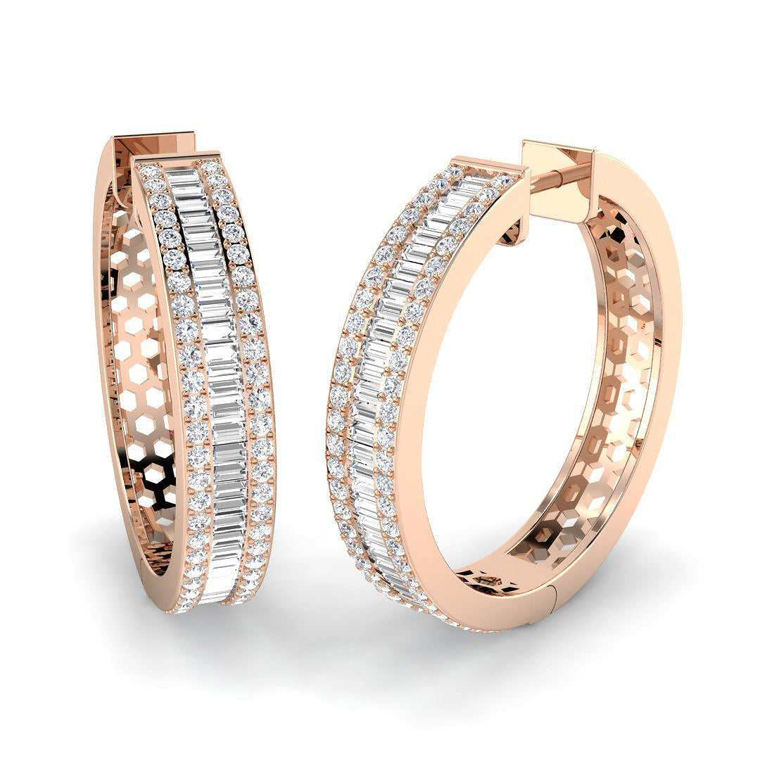 Hoop Earrings with Baguette and Round Diamonds - 2.5ct Solid in 10K/14K gold and platinum with certified lab-grown or natural diamonds