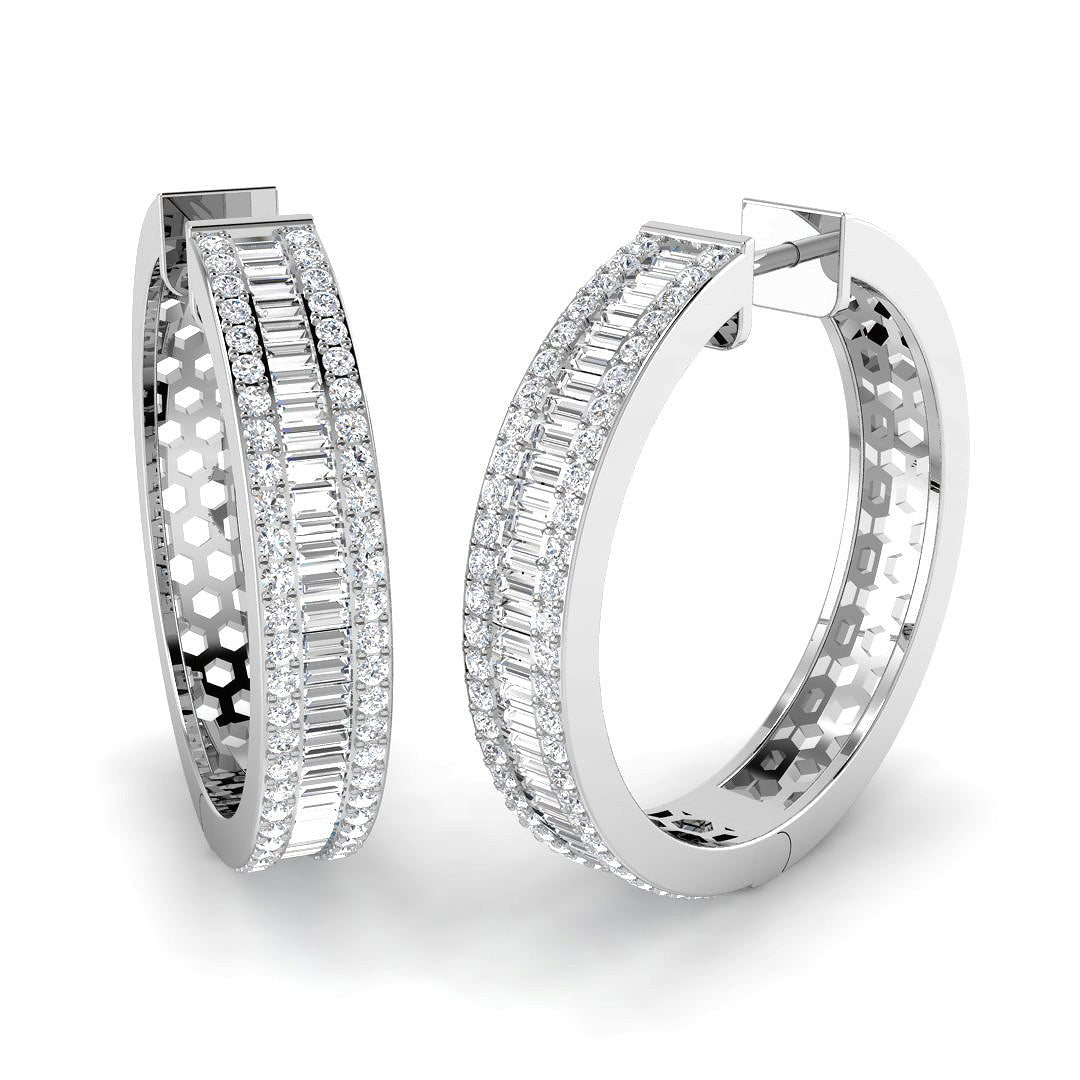 Hoop Earrings with Baguette and Round Diamonds - 2.5ct Solid in 10K/14K gold and platinum with certified lab-grown or natural diamonds
