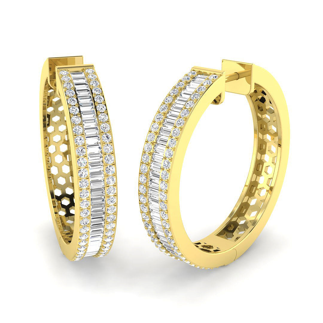 Hoop Earrings with Baguette and Round Diamonds - 2.5ct Solid in 10K/14K gold and platinum with certified lab-grown or natural diamonds
