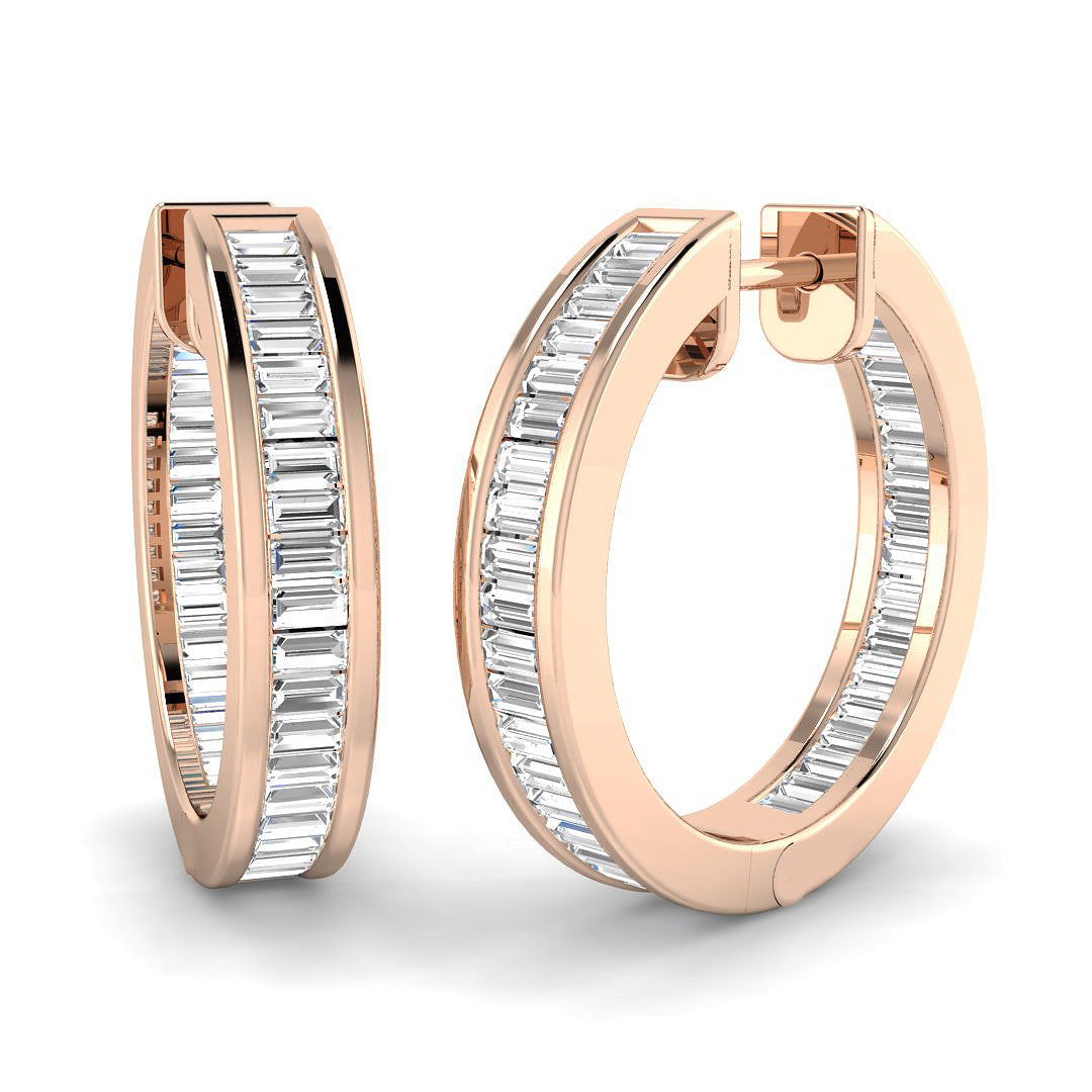 Hoop Earrings with Baguette Diamonds - 1ct Channel Set in 10K/14K gold and platinum with certified lab-grown or natural diamonds