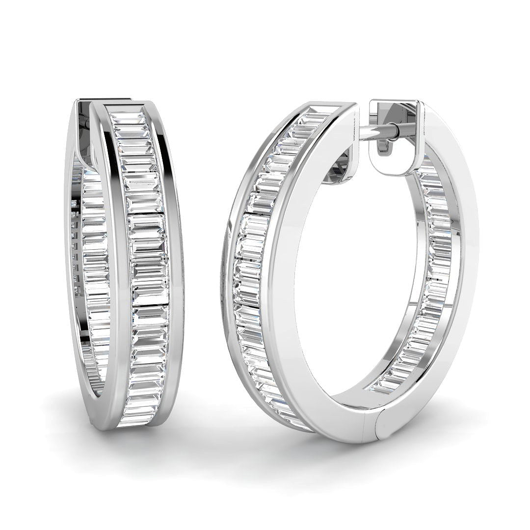 Hoop Earrings with Baguette Diamonds - 1ct Channel Set in 10K/14K gold and platinum with certified lab-grown or natural diamonds
