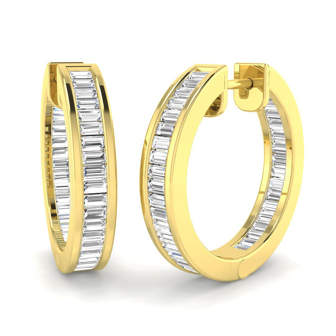 Hoop Earrings with Baguette Diamonds - 1ct Channel Set in 10K/14K gold and platinum with certified lab-grown or natural diamonds