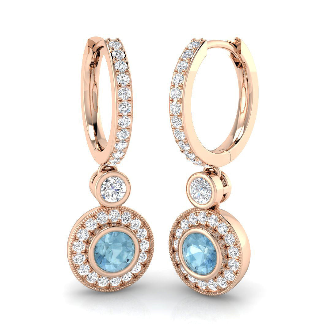 Aquamarine Diamond Drop Earrings with Milgrain Halo - Latch Back in 10K/14K gold and platinum with certified lab-grown or natural diamonds