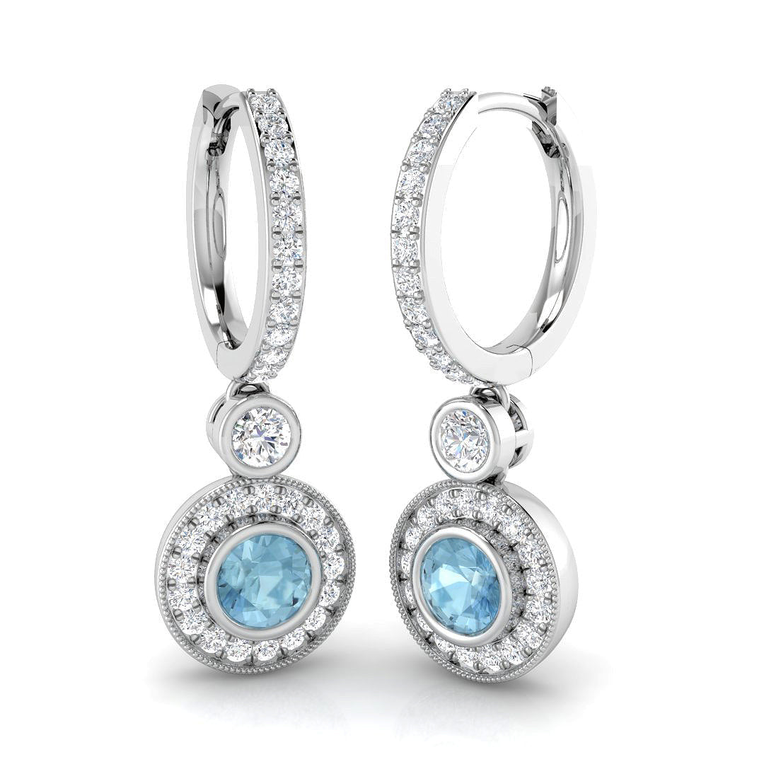 Aquamarine Diamond Drop Earrings with Milgrain Halo - Latch Back in 10K/14K gold and platinum with certified lab-grown or natural diamonds