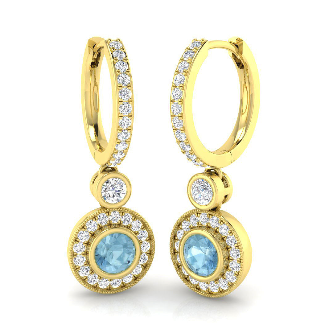 Aquamarine Diamond Drop Earrings with Milgrain Halo - Latch Back in 10K/14K gold and platinum with certified lab-grown or natural diamonds
