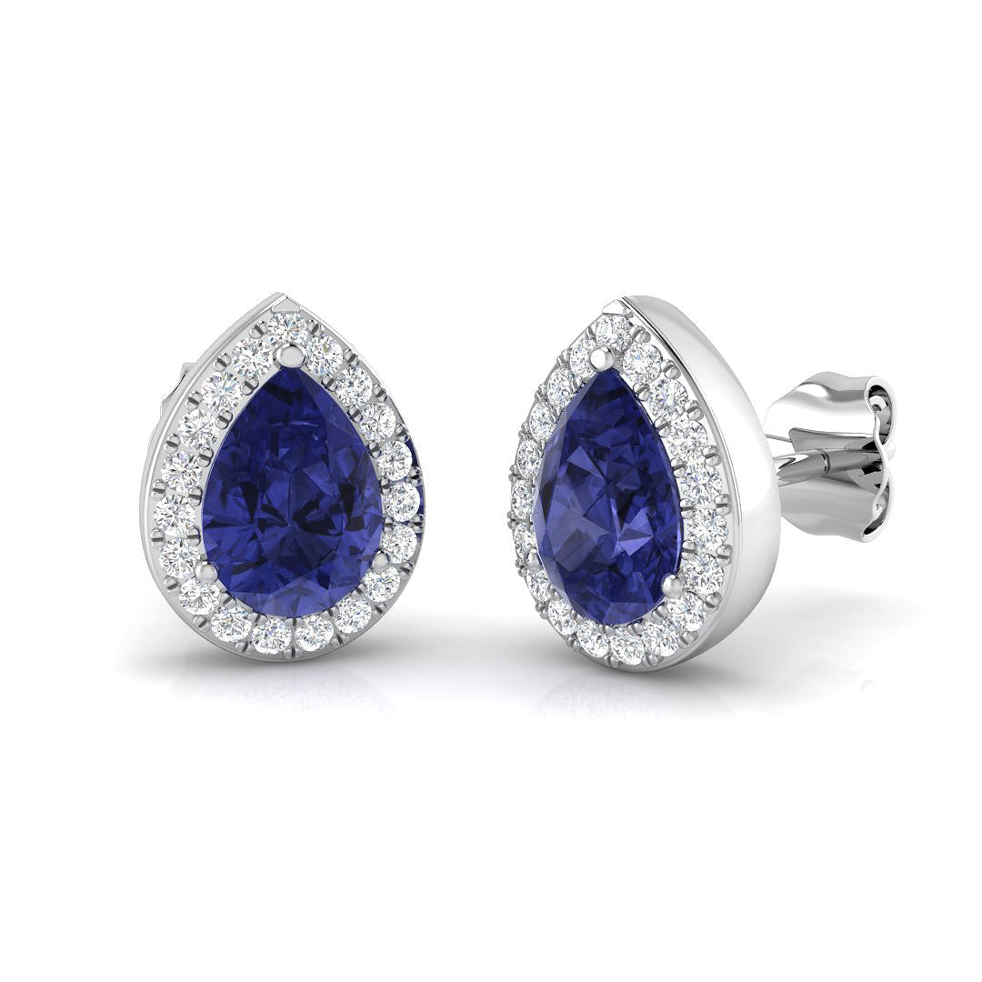 Teardrop Tanzanite Halo Stud Earrings with Push Back - Luxury Jewelry in 10K/14K gold and platinum with certified lab-grown or natural diamonds