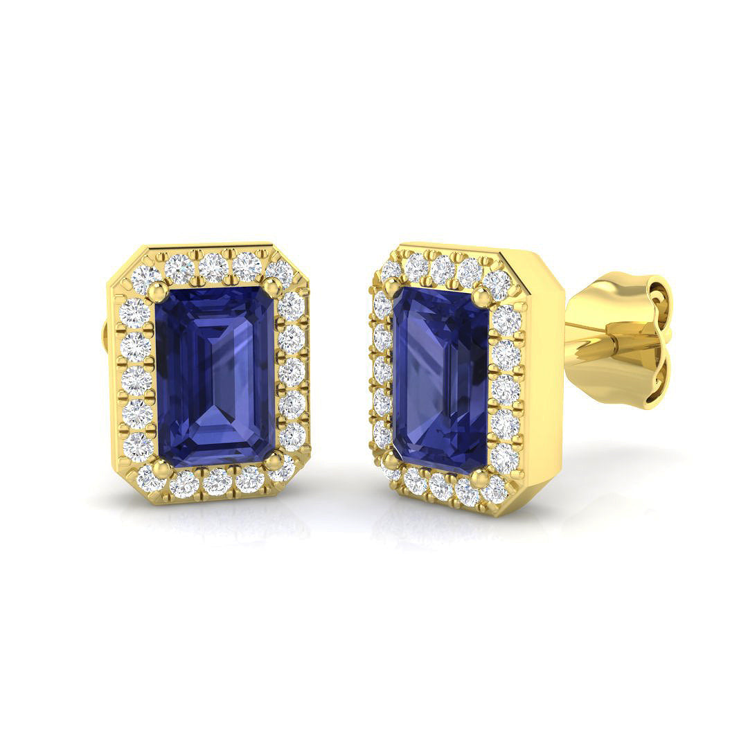 Emerald Cut Tanzanite Diamond Stud Earrings in 10K/14K gold and platinum with certified lab-grown or natural diamonds
