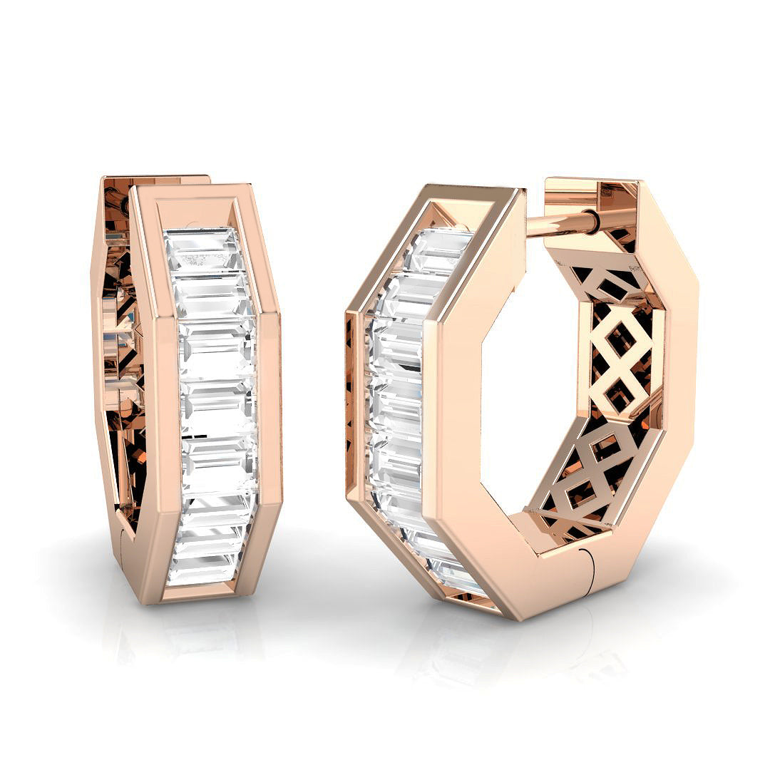 Modern 1.0Ct Baguette Diamond Hexagon Hoop Earrings in in 10K/14K gold and platinum with certified lab-grown or natural diamonds