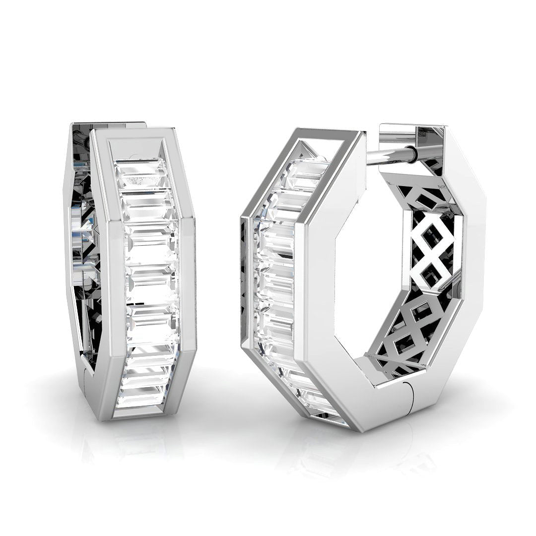 Modern 1.0Ct Baguette Diamond Hexagon Hoop Earrings in in 10K/14K gold and platinum with certified lab-grown or natural diamonds