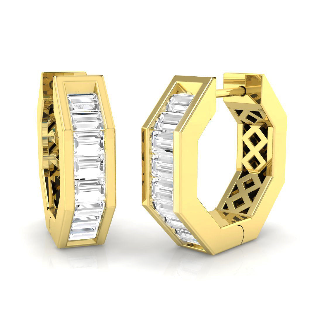 Modern 1.0Ct Baguette Diamond Hexagon Hoop Earrings in in 10K/14K gold and platinum with certified lab-grown or natural diamonds