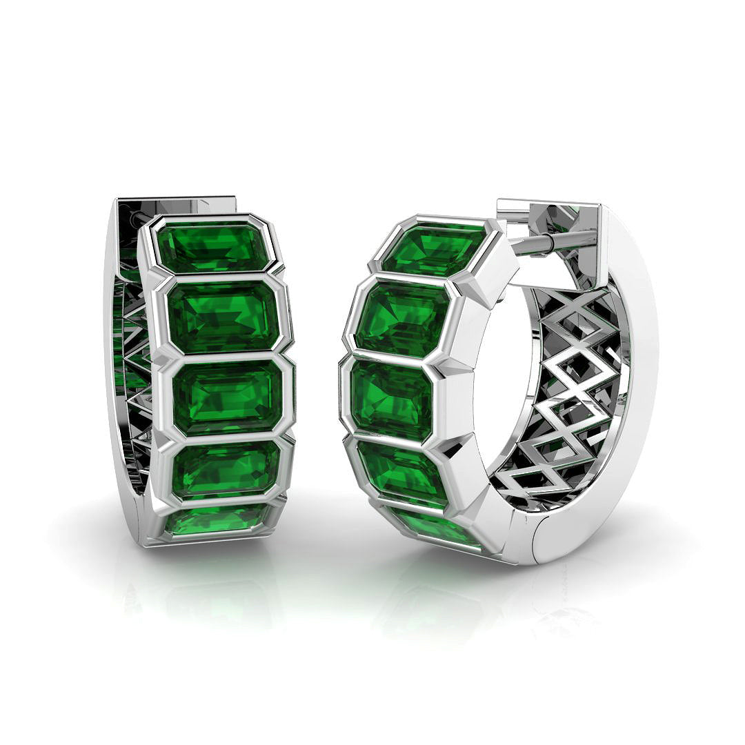Emerald Cut Green Hoop Earrings - Gemstone Jewellery - Hinged Snap in 10K/14K gold and platinum with certified lab-grown or natural diamonds