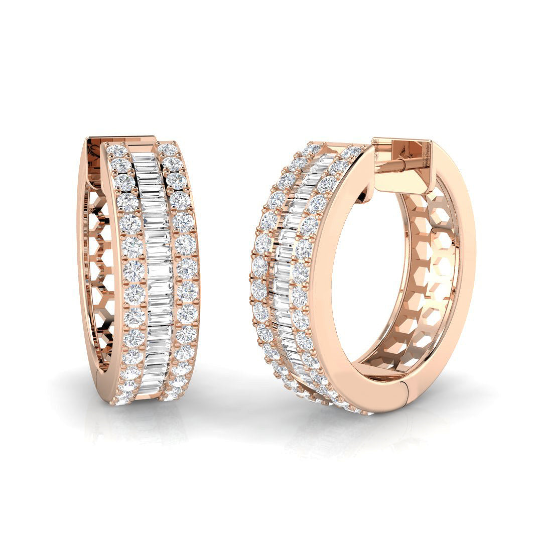 Hoop Earrings with Baguette and Brilliant Diamonds - 1ct Solid in 10K/14K gold and platinum with certified lab-grown or natural diamonds