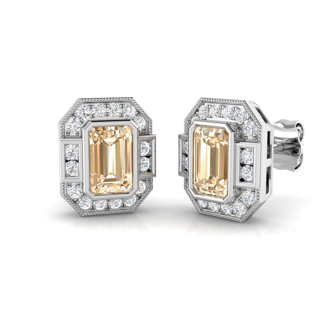 Morganite Vintage Halo Stud Earrings in 10K/14K gold and platinum with certified lab-grown or natural diamonds