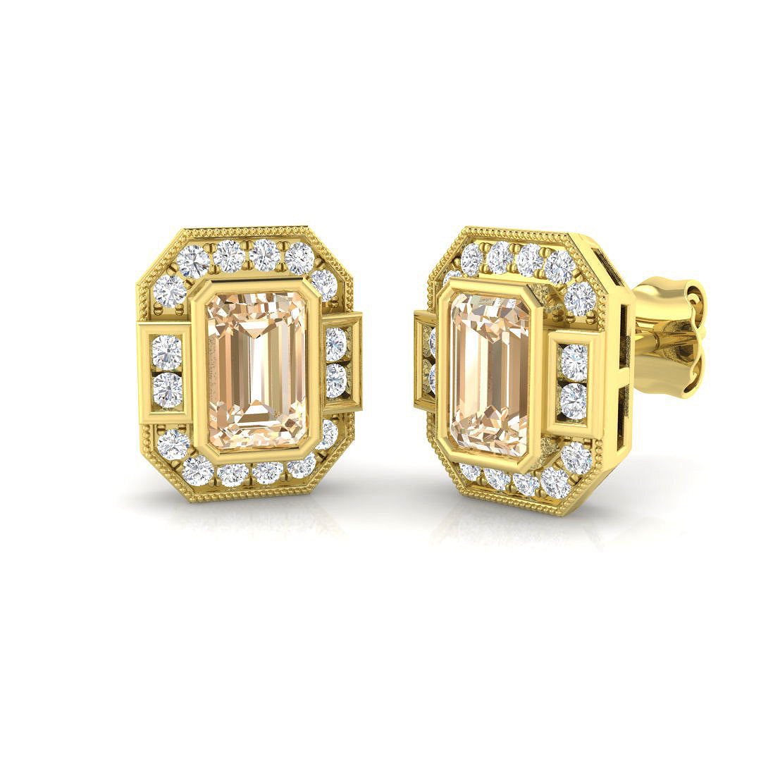 Morganite Vintage Halo Stud Earrings in 10K/14K gold and platinum with certified lab-grown or natural diamonds