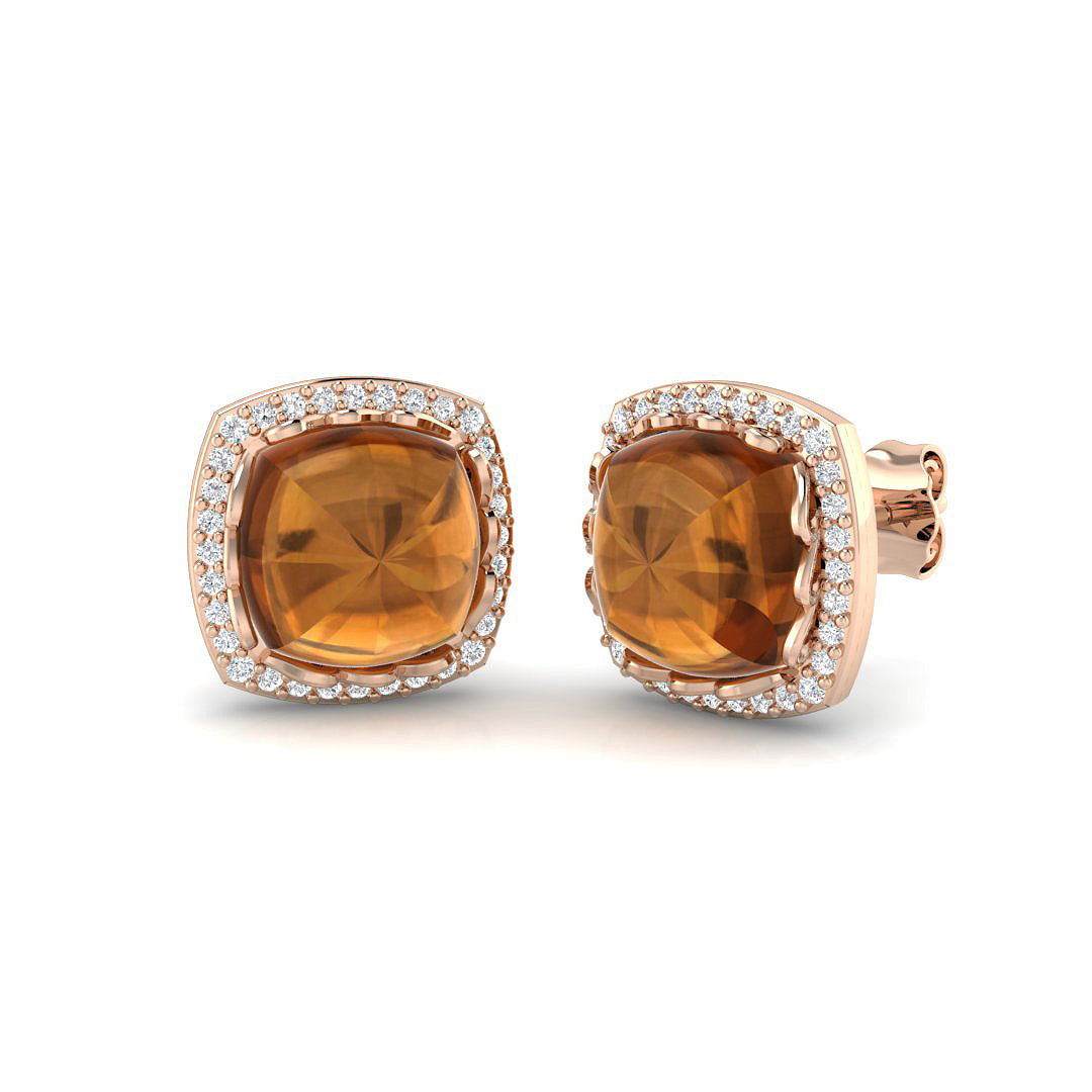 Halo Stud Earrings - 5.00 Carat Luxoy Elegant Cushion Citrine in 10K/14K gold and platinum with certified lab-grown or natural diamonds