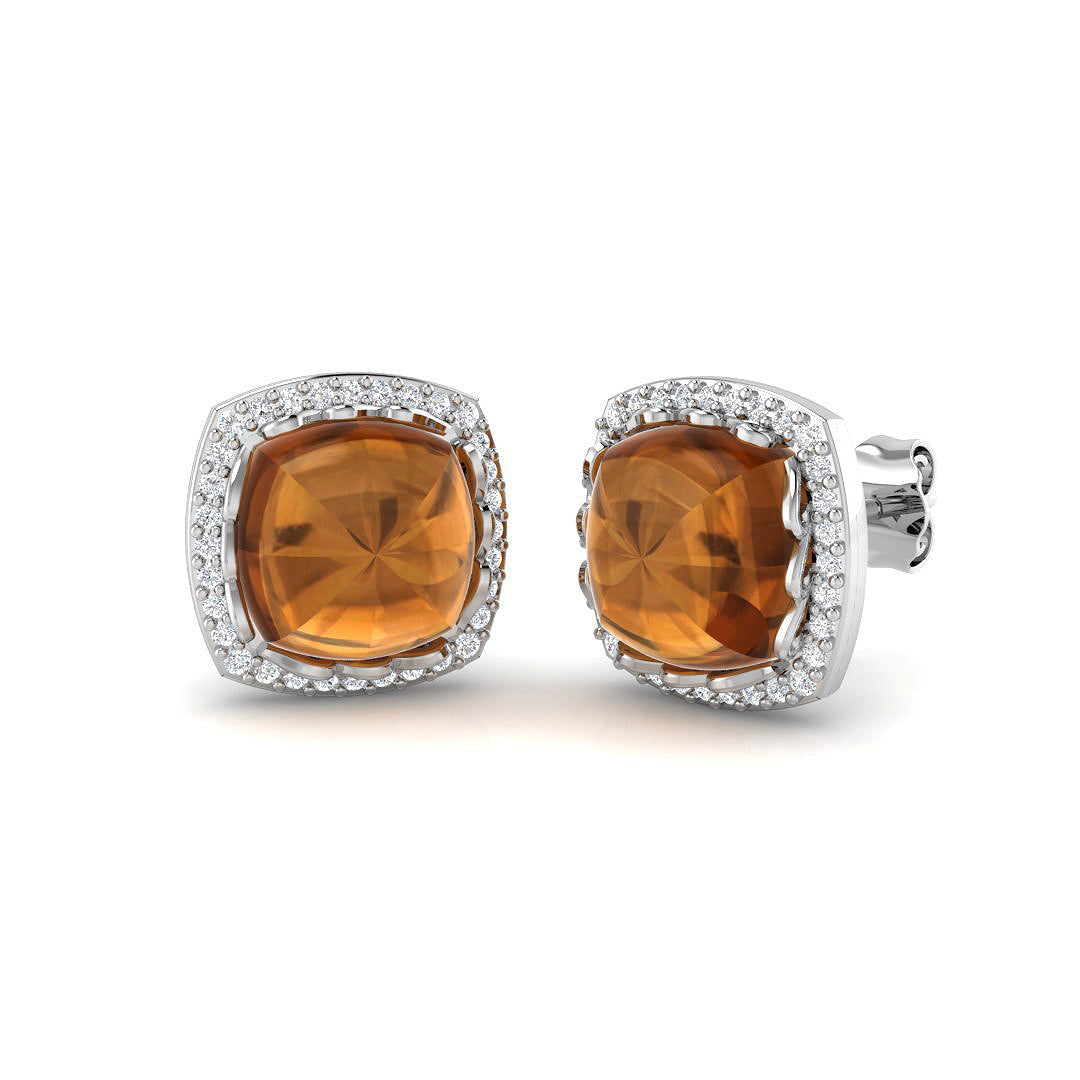 Halo Stud Earrings - 5.00 Carat Luxoy Elegant Cushion Citrine in 10K/14K gold and platinum with certified lab-grown or natural diamonds
