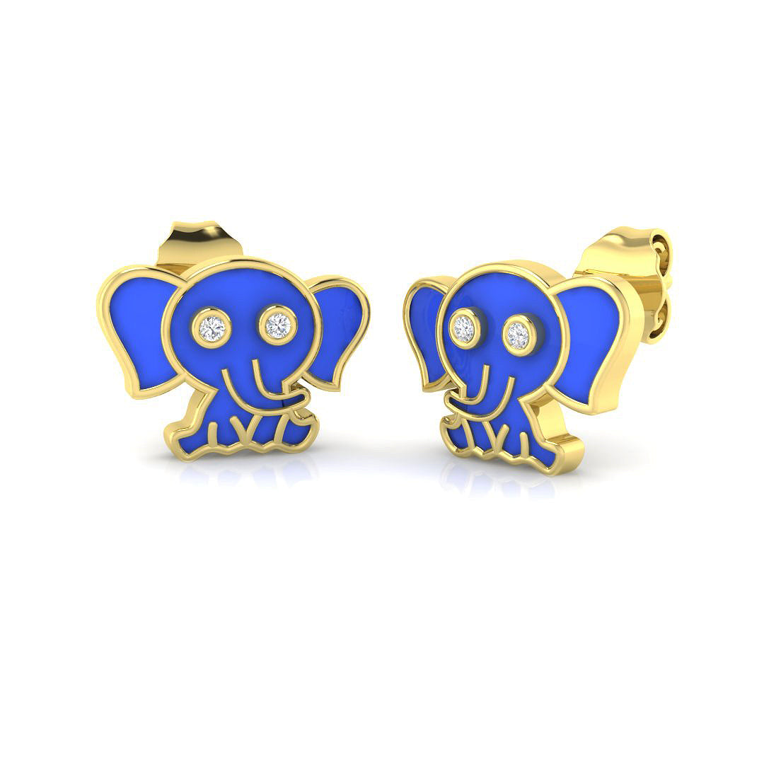 Adorable 0.20Ct Diamond Blue Elephant Stud Earrings in in 10K/14K gold and platinum with certified lab-grown or natural diamonds