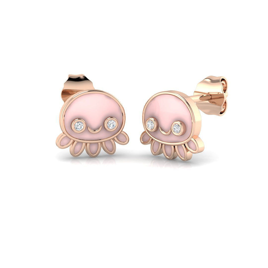 Adorable 0.15Ct Diamond Pink Jellyfish Stud Earrings in in 10K/14K gold and platinum with certified lab-grown or natural diamonds