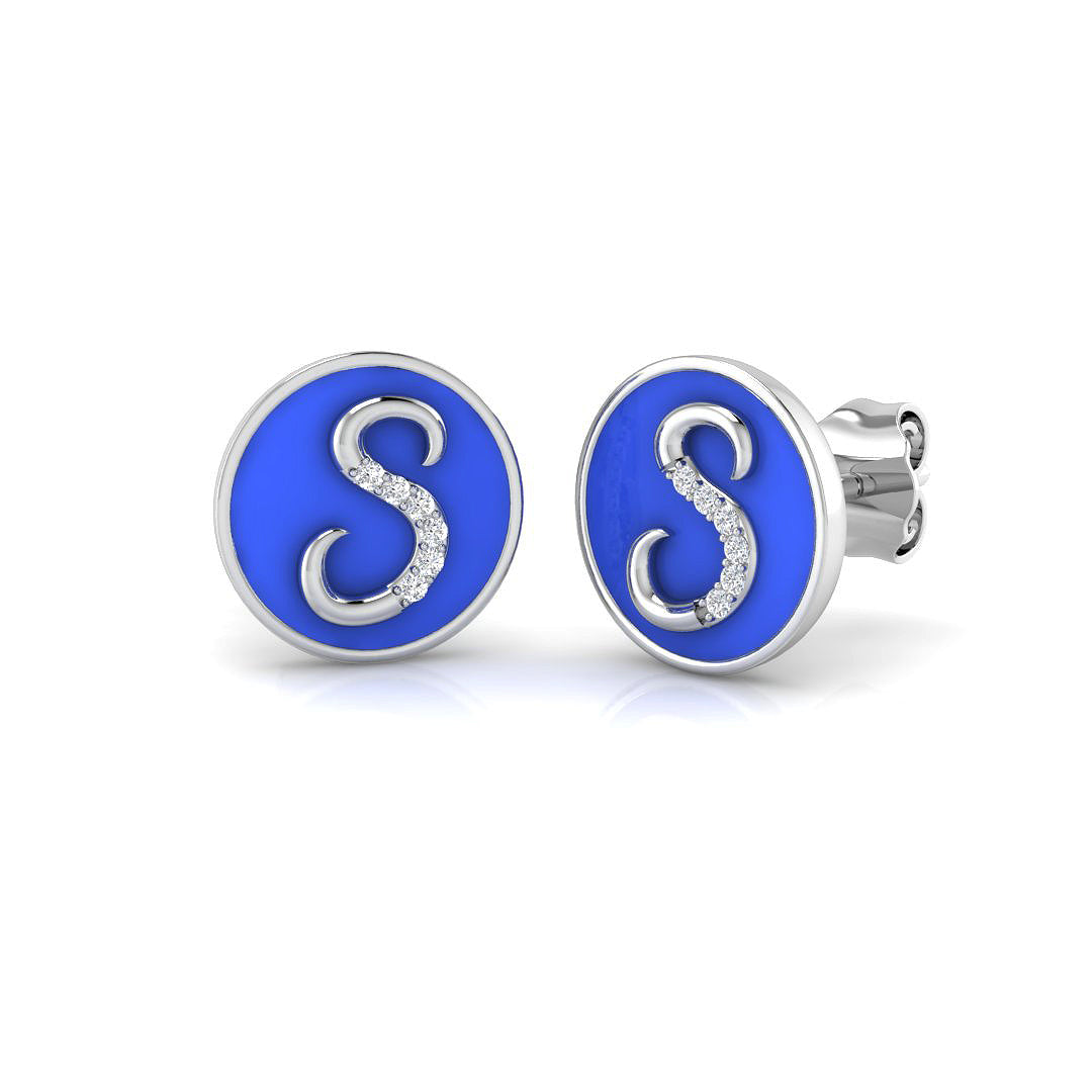 Sparkling 0.25Ct Diamond Initial S Blue Enamel Stud Earrings in 10K/14K gold and platinum with certified lab-grown or natural diamonds