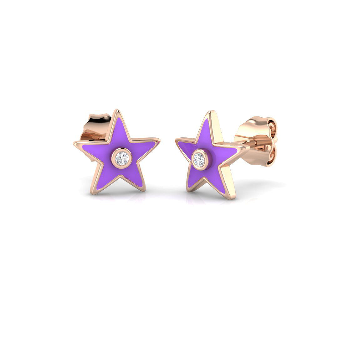 Beautiful 0.05Ct Purple Enamel Star Diamond Stud Earrings in 10K/14K gold and platinum with certified lab-grown or natural diamonds