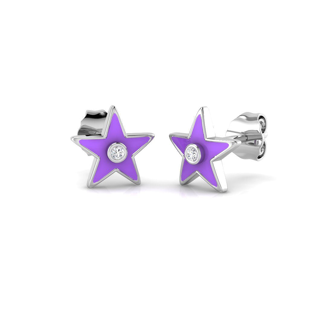 Beautiful 0.05Ct Purple Enamel Star Diamond Stud Earrings in 10K/14K gold and platinum with certified lab-grown or natural diamonds