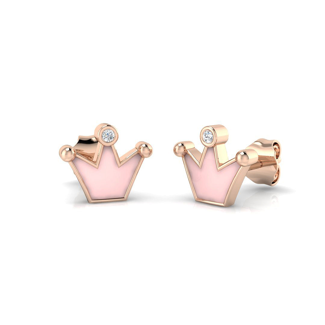 Stunning 0.10Ct Diamond Pink Crown Princess Stud Earrings in 10K/14K gold and platinum with certified lab-grown or natural diamonds