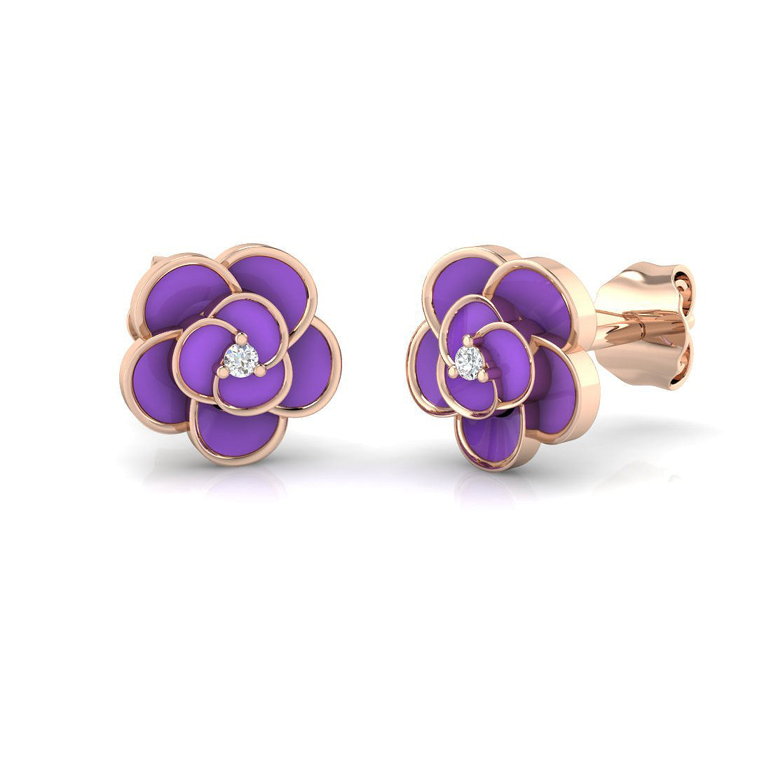 Beautiful 0.10Ct Purple Enamel Flower Diamond Stud Earrings in 10K/14K gold and platinum with certified lab-grown or natural diamonds