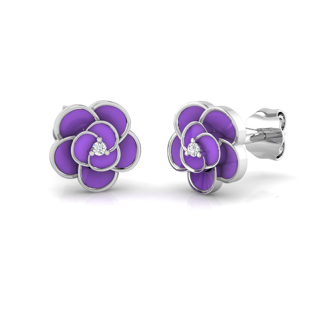 Beautiful 0.10Ct Purple Enamel Flower Diamond Stud Earrings in 10K/14K gold and platinum with certified lab-grown or natural diamonds