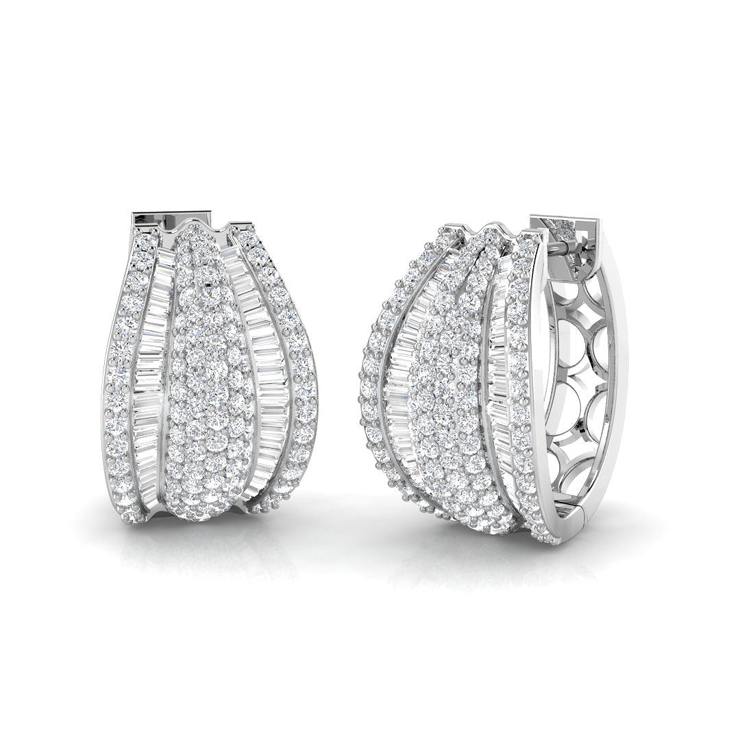 Hoop Earrings with Wide Multi Row Diamonds - 2ct Baguette & Brilliant in 10K/14K gold and platinum with certified lab-grown or natural diamonds