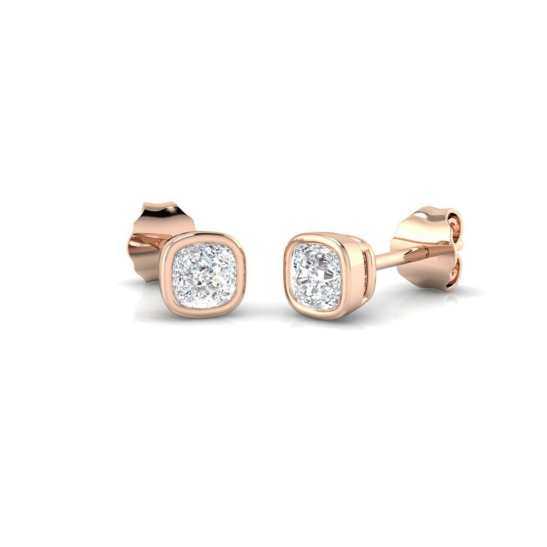 Stud Earrings with Cushion Cut Diamond Bezel Set - 0.5ct in 10K/14K gold and platinum with certified lab-grown or natural diamonds