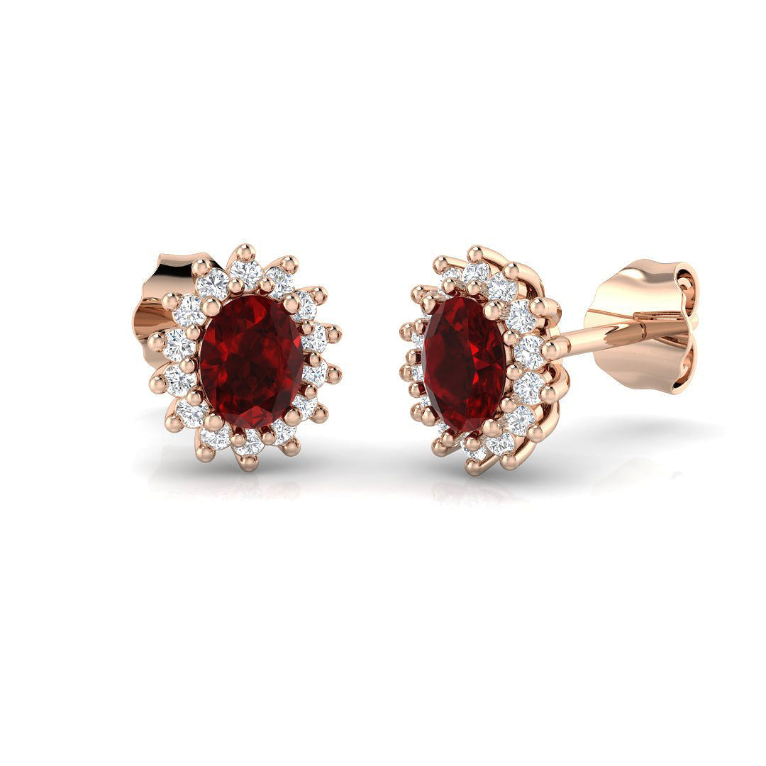 Ruby Gemstone Halo Stud Earrings in 10K/14K gold and platinum with certified lab-grown or natural diamonds