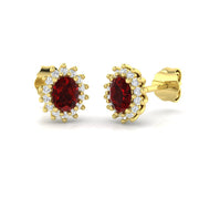 Ruby Gemstone Halo Stud Earrings in 10K/14K gold and platinum with certified lab-grown or natural diamonds