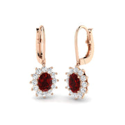 Ruby Halo Cluster Drop Earrings with Lever Back Closure in 10K/14K gold and platinum with certified lab-grown or natural diamonds