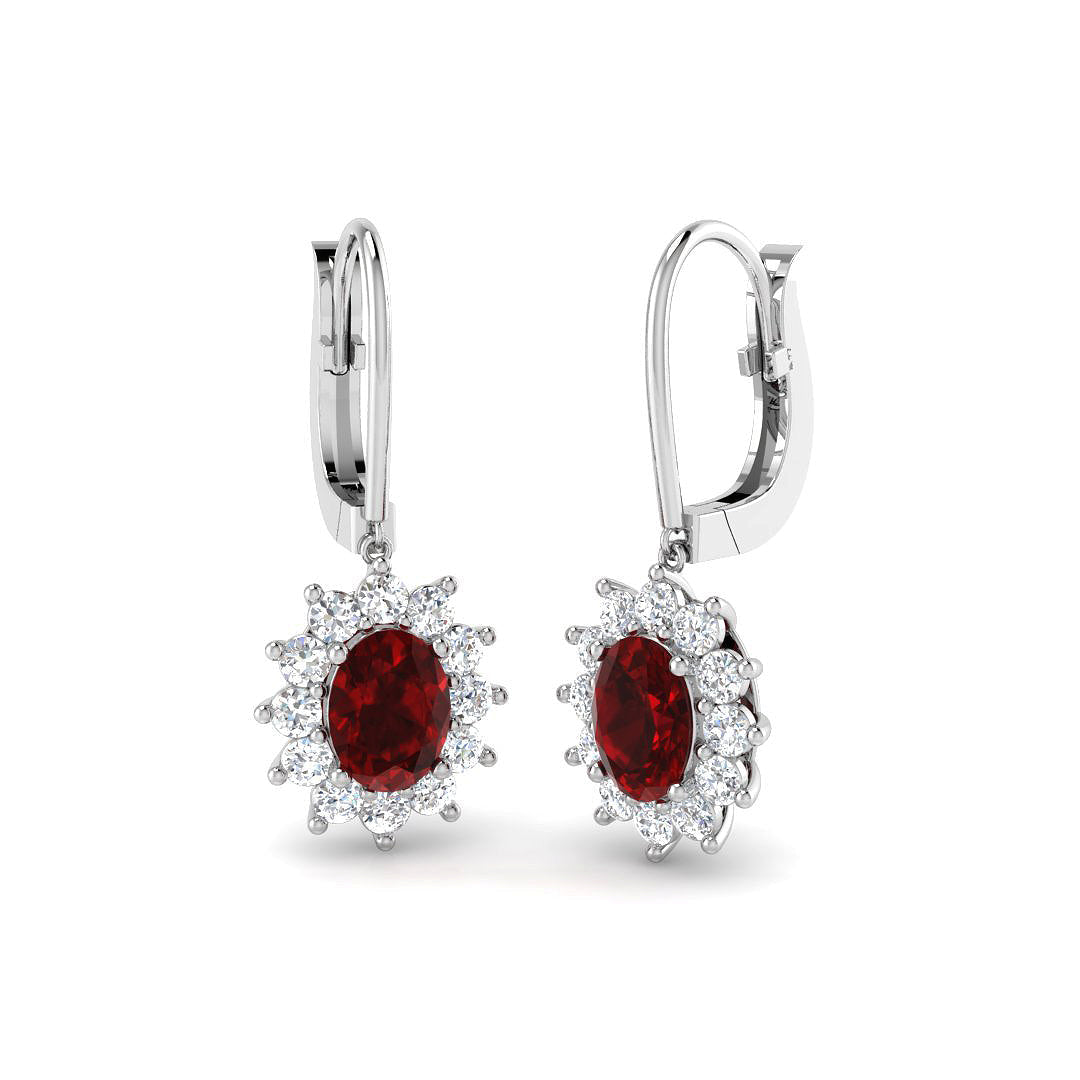 Ruby Halo Cluster Drop Earrings with Lever Back Closure in 10K/14K gold and platinum with certified lab-grown or natural diamonds